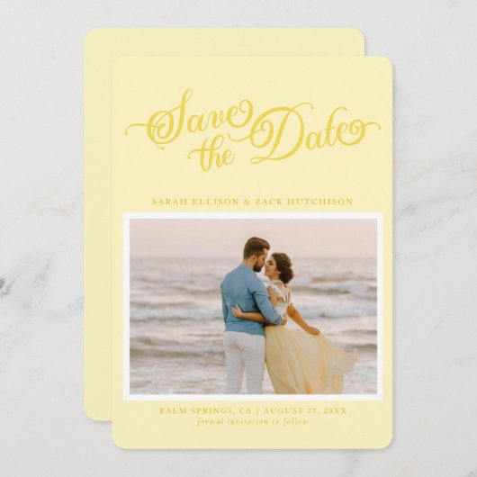Classy Butter Yellow Elegant Script Sla de datum o Save The Date (Voorkant / Achterkant)