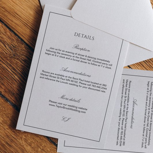 Classy Calligraphy Black and White Wedding Details Informatiekaartje