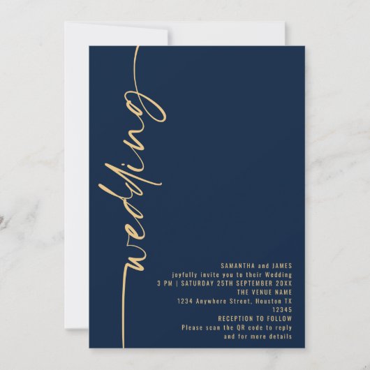 Classy Calligraphy QR Code Navy Gold Wedding Kaart (Voorkant)
