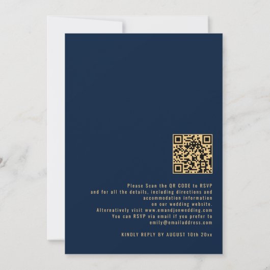 Classy Calligraphy QR Code Navy Gold Wedding Kaart (Achterkant)