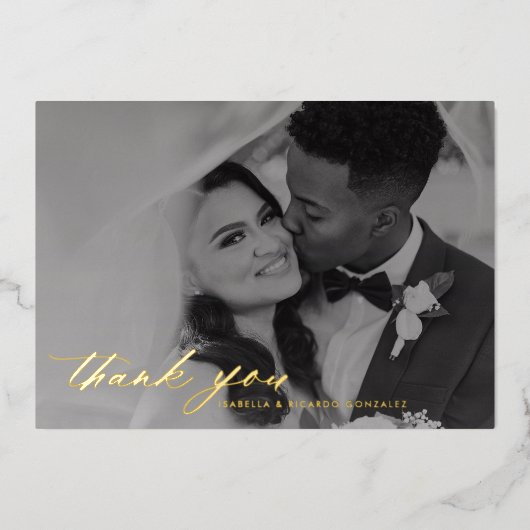 Classy Calligraphy Weddenschap Foto: Echte dank Folie Uitnodiging (Voorkant)