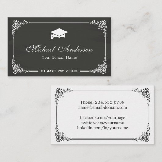Classy Chalkboard Black White Afstuderen student Contactkaartje (Voorkant / Achterkant)