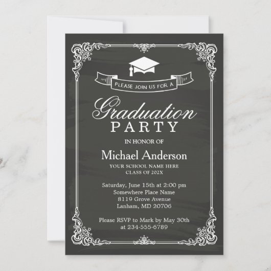 Classy Chalkboard Lijst Modern Graduation Party Kaart (Voorkant)