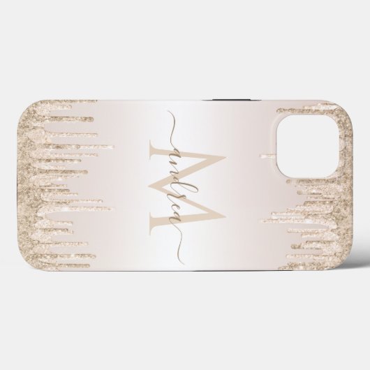 Classy Champagne Glitter Dripping Monogramname Case-Mate iPhone Case (Achterkant (horizontaal))