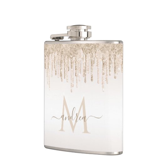 Classy Champagne Glitter Dripping Monogramname Heupfles (Links)