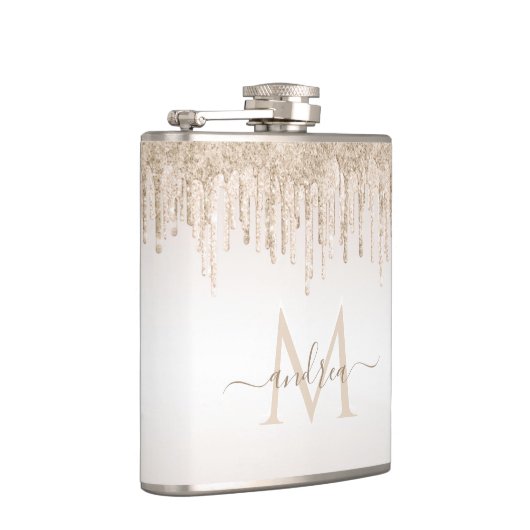 Classy Champagne Glitter Dripping Monogramname Heupfles (Rechts)