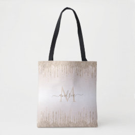 Classy Champagne Glitter Dripping Monogramname Tote Bag