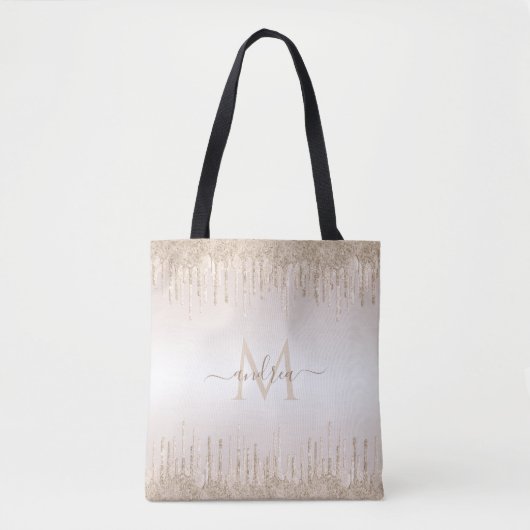 Classy Champagne Glitter Dripping Monogramname Tote Bag (Voorkant)