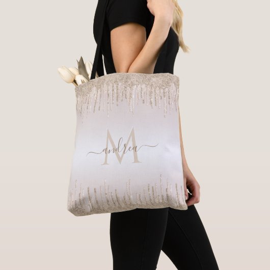 Classy Champagne Glitter Dripping Monogramname Tote Bag (Dichtbij)