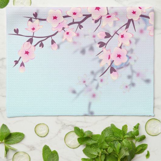 Classy Cherry Blossom Landschap Roze Blauw Theedoek (Gevouwen)