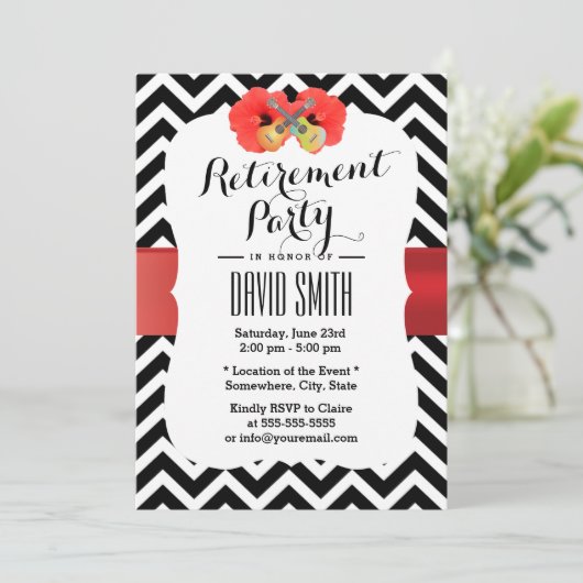 Classy Chevron Hibiscus & Ukulele Retirement Party Kaart (Staand voorkant)