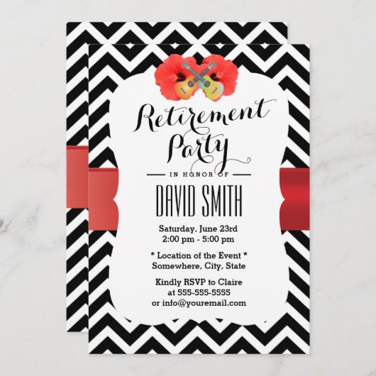 Classy Chevron Hibiscus & Ukulele Retirement Party Kaart (Voorkant / Achterkant)
