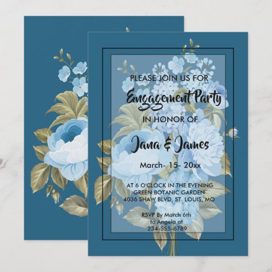 Classy Chic blauw bloemig Verloving Kaart (Voorkant / Achterkant)