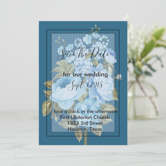Classy Chic blue floral save the date Kaart (Staand voorkant)
