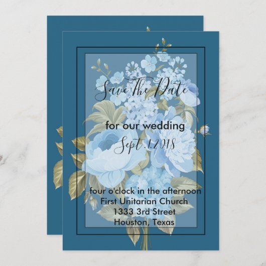 Classy Chic blue floral save the date Kaart (Voorkant / Achterkant)