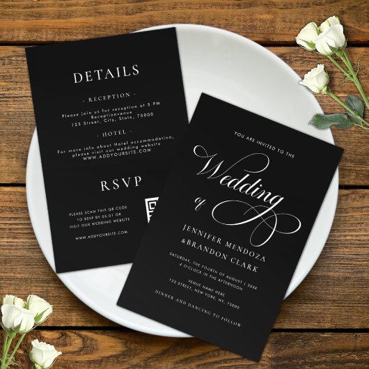 Classy Chic Calligraphy Black All in One Wedding Kaart