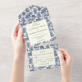 Classy Chic Elegant Blue Horse Toile All In One Uitnodiging