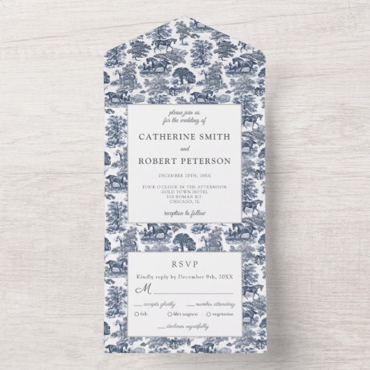 Classy  Chic Elegant Blue Horse Toile All In One Uitnodiging (Binnen)