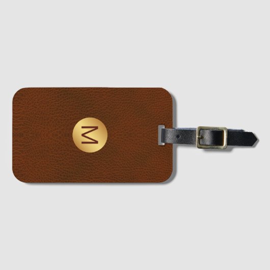 Classy Chic Faux Bruin Leer & Goud Monogram Bagagelabel (Voorkant (horizontaal))