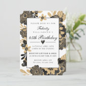 Classy Chic Floral Black Gold Birthday Uitnodiging (Staand voorkant)