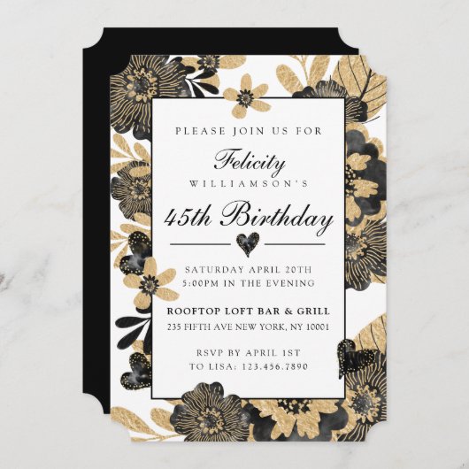 Classy Chic Floral Black Gold Birthday Uitnodiging (Voorkant / Achterkant)