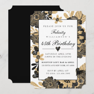 Classy Chic Floral Black Gold Birthday Uitnodiging