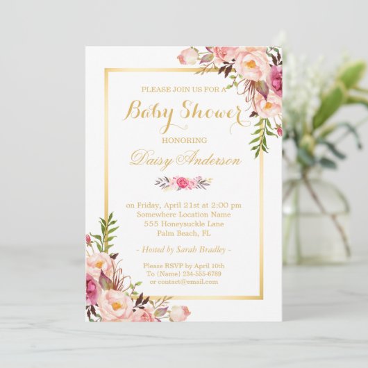 Classy Chic Floral Golden Lijst Baby shower Kaart (Staand voorkant)