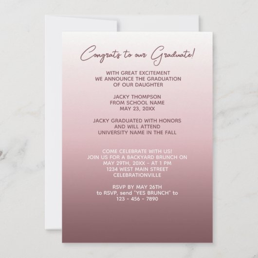 Classy Chic Ombre Mauve Taupe Dark Pink Afstuderen Aankondiging (Achterkant)