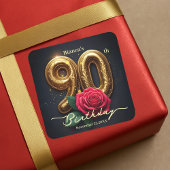 Classy Chic Red Rose Ornate Golden 90th Birthday Vierkante Sticker