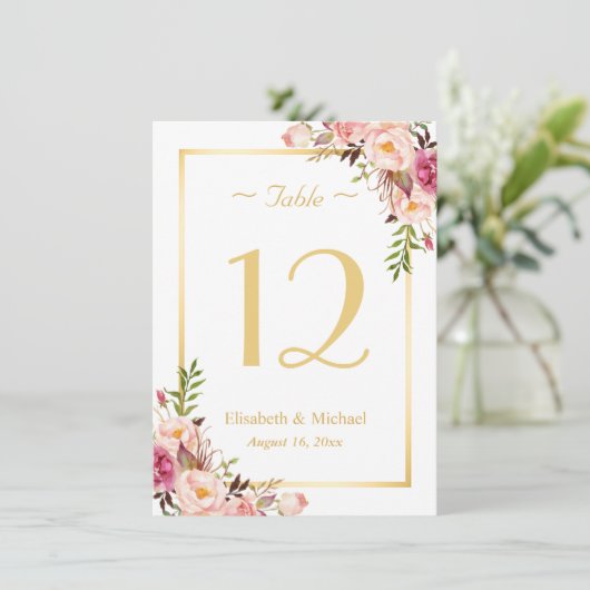 Classy Chic Roze Bloemen Goud Bruiloft Tafel Numme Kaart (Staand voorkant)