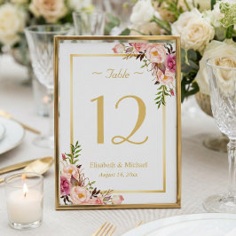 Classy Chic Roze Bloemen Goud Bruiloft Tafel Numme Kaart