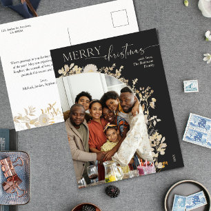 Classy Chique Donker Goud Bloemen Foto Kerstmis Feestdagenkaart