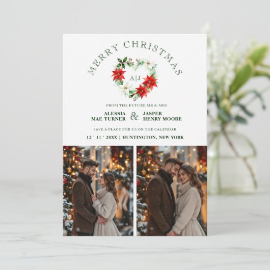 Classy Christmas Floral Monogram Heart Initials Save The Date (Staand voorkant)