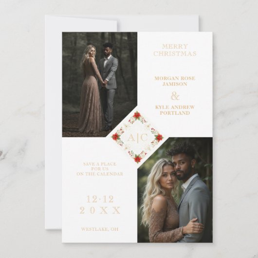 Classy Christmas Wedding Floral Wreath 2-Photo Save The Date (Voorkant)