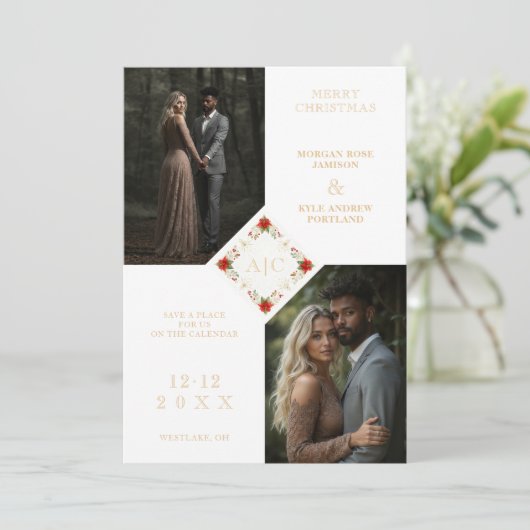 Classy Christmas Wedding Floral Wreath 2-Photo Save The Date (Staand voorkant)