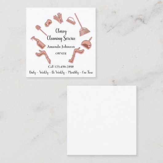 Classy Cleaning Service Gold Logo Maid House Roos Vierkante Visitekaartje (Voorkant / Achterkant)