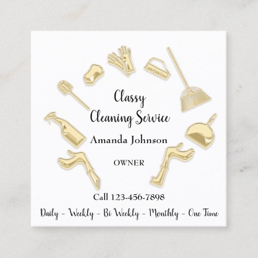Classy Cleaning Service House Logo Maid Gold White Vierkante Visitekaartje (Voorkant)