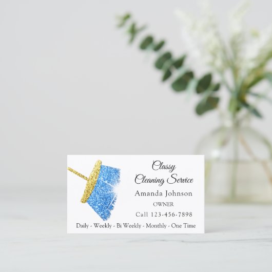 Classy Cleaning Service Maid Gold Blue Sparkly Visitekaartje (Staand voorkant)