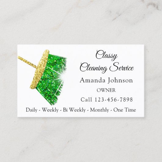 Classy Cleaning Service Maid Gold Green Sparkly Visitekaartje (Voorkant)