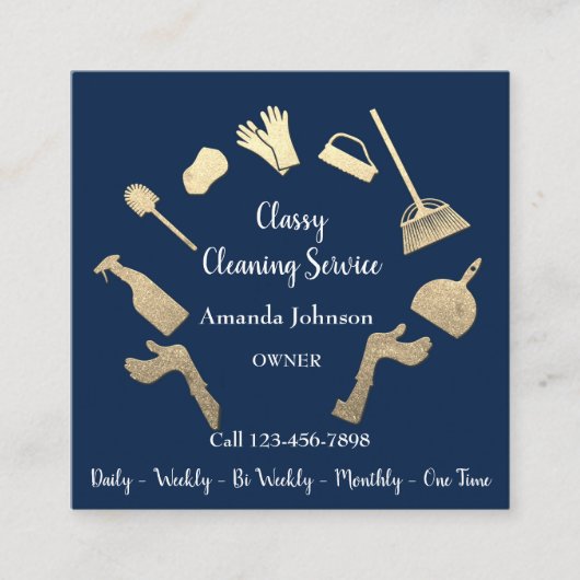 Classy Cleaning Services Gold Logo Maid House Blue Vierkante Visitekaartje (Voorkant)