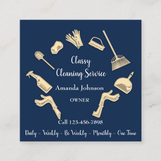 Classy Cleaning Services Gold Logo Maid House Navy Vierkante Visitekaartje (Voorkant)