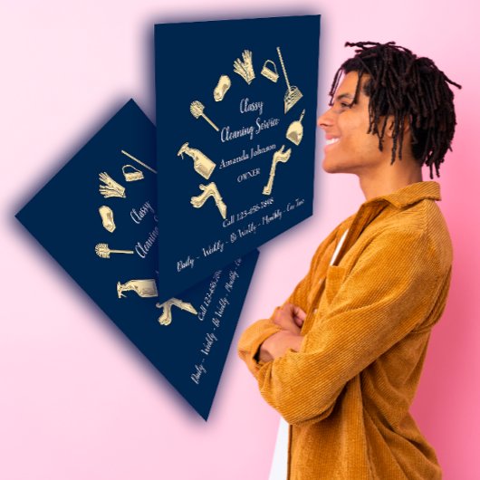 Classy Cleaning Services Gold Logo Maid House Navy Vierkante Visitekaartje