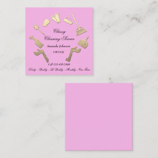 Classy Cleaning Services Gold Logo Maid House Pink Vierkante Visitekaartje (Voorkant / Achterkant)