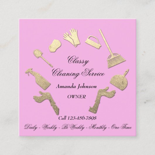 Classy Cleaning Services Gold Logo Maid House Pink Vierkante Visitekaartje (Voorkant)