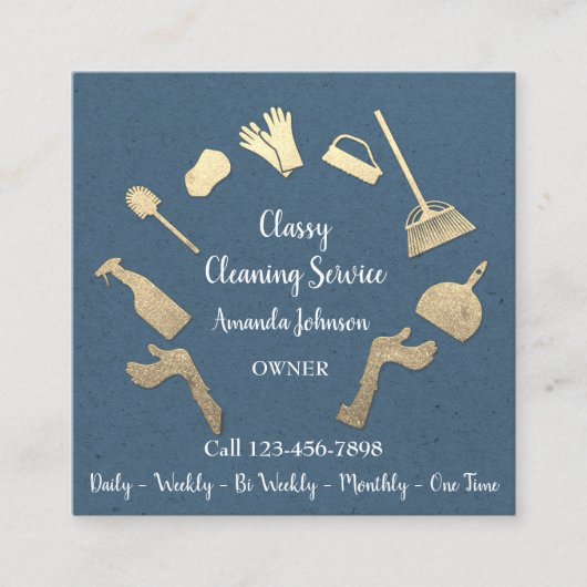 Classy Cleaning Services Gold Logo Maid Kraft Blue Vierkante Visitekaartje (Voorkant)