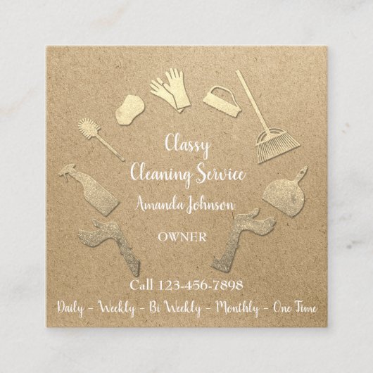 Classy Cleaning Services Gold Logo Maid Kraft Eco Vierkante Visitekaartje (Voorkant)