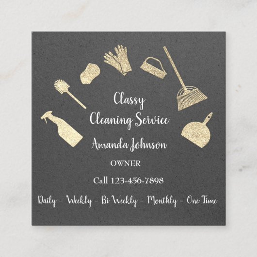 Classy Cleaning Services Gold Logo Maid Kraft Grey Vierkante Visitekaartje (Voorkant)