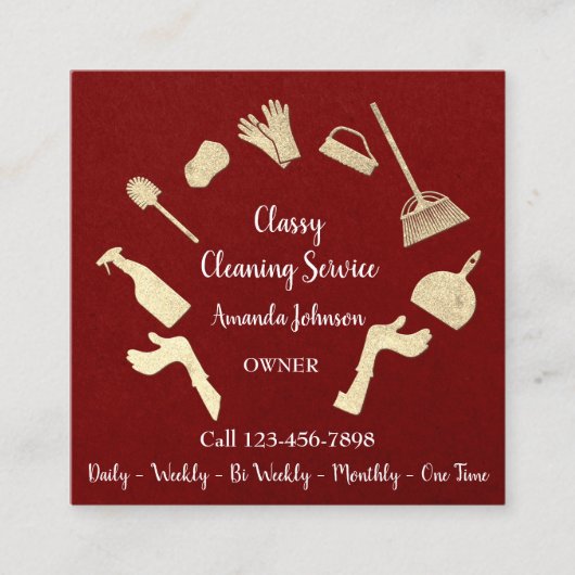 Classy Cleaning Services Gold Logo Maid Kraft Red Vierkante Visitekaartje (Voorkant)