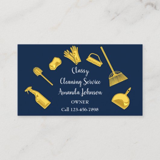 Classy Cleaning Services Gold Logo Maid Navy Blue Visitekaartje (Voorkant)