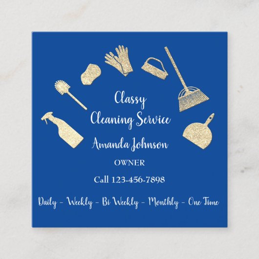 Classy Cleaning Services Gold Logo Maid Royal Blue Vierkante Visitekaartje (Voorkant)
